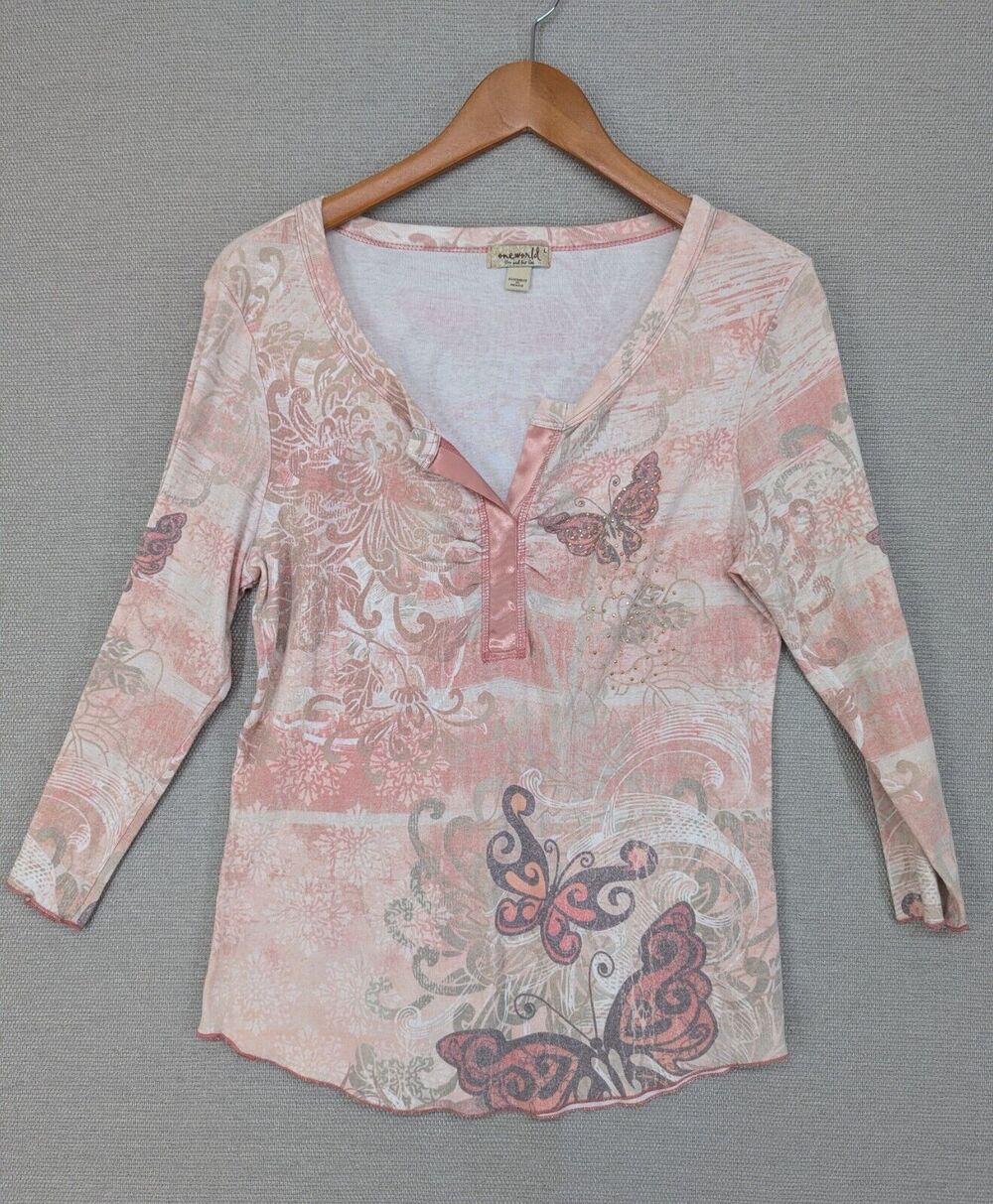 One World Shirt Top Large Pink Henley Butterfly Boho Whimsy Floral -0325D119